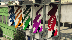 Banners outside the building.