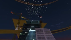 The racers use the ramp to jump past the  and onto a yellow platform
