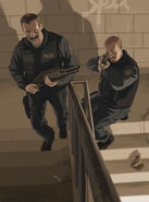 Artwork of a NOOSE officer (left) armed with a combat shotgun.