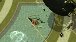 The destroyed "Rocket Thrower" statue, after being crushed by the Monoglobe.