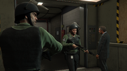 Michael and Trevor disguised as Gruppe 6 guards inside the Union Depository.