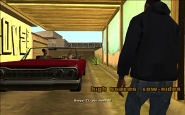 CJ comes to see his sister and Cesar over at Cesar's house and is warmly welcomed by Cesar.