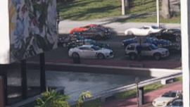 A white Paragon R parked in Vice Beach in a screenshot from the Vice City section of the game's promotional website.