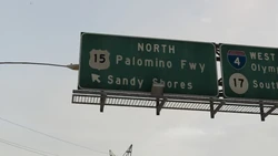 The overhead sign for Route 15 North at the Four Level Interchange.
