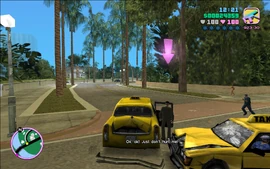 After enough damage has been dealt to the taxi, the V.I.P jumps out and gets into Tommy's cabbie asking Tommy not to hurt him.