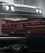 Closeups of the Voodoo in GTA IV, depicting its hood ornament, (1) Limited Edition and SS badging on the rear, (2) and the "Voodoo" badging on the sides. (3)