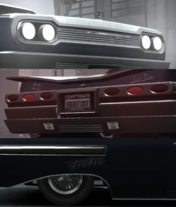 Closeups of the Voodoo in GTA IV, depicting its hood ornament, (1) Limited Edition and SS badging on the rear, (2) and the "Voodoo" badging on the sides