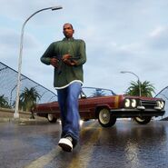 Carl Johnson in a screenshot from Grand Theft Auto: The Trilogy - The Definitive Edition.