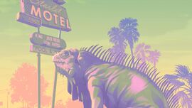 Artwork of an iguana in the foreground at Starlet Motel.