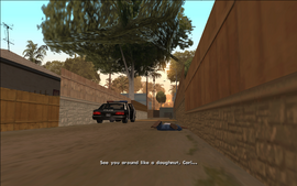 Tenpenny throws CJ out of the car and into the alleyway they were driving through and mocks him.