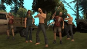 Three survivalists with rifles and a shovel.