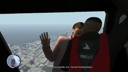 Luis throws the Celebinator out of the chopper.