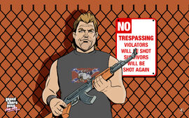 Phil Cassidy holding an AK47 in his artwork in GTA Vice City.