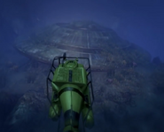 The sunken UFO, found in the ocean at the north of the map.