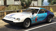 An 190z with an Amigas watermark livery in Grand Theft Auto Online. (Rear quarter view)