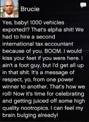 Brucie's text to the player upon delivering 1,000 Exotic Export vehicles in Grand Theft Auto Online.