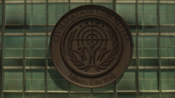 Headquarters logo on the main building.