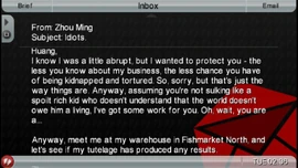 Zhou sends a e-mail to Huang telling him to meet him at his warehouse in Fishmarket North.