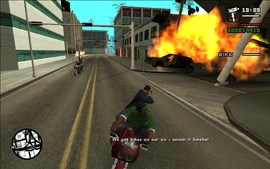 After a short while, CJ notices some more bikers and tells Smoke to drive faster.