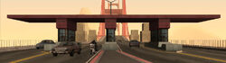 The Gant Bridge tollbooths in Grand Theft Auto: San Andreas. Vehicles stop at the tollbooth for a short period of time before moving on.