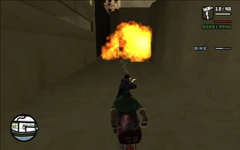 As CJ and Smoke go through the alleyways between buildings, CJ uses the conveniently placed explosive barrels to take out the pursuing Russians.
