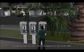 Tommy picks up the ringing payphone near the mall in Washington Beach. Mr. Black informs Tommy of a plan by a European gang to rob the bank in Vice City. Mr. Black tells Tommy that his employers would like the help of Tommy to get rid of the robbers.