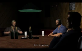 One of the men at the table says that the problem is that the money is earned by selling drugs, which is against the rules of the mafia.