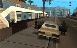 Sweet and his girlfriend getting into Carl's car.