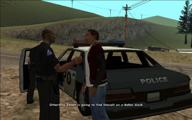 Tenpenny tells Carl that if he won't do as C.R.A.S.H. says, they'll set Sweet up for brutal murder by the Ballas, who are desperately craving to kill Sweet as it is.