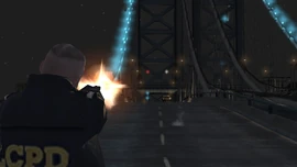 A cop shooting at the Stretch E driven by Costas with Luis and Tony as passengers.