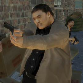 Noel firing a Desert Eagle at Niko.
