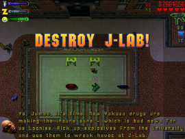 Answering the phone, Claude Speed is told by Elmo that the Yakuza J-Lab scientists created a drug to cute the Loonies' insanity, so he asks Claude to blow up the facility. First, he asks him to pick up the explosives he hid at City University.
