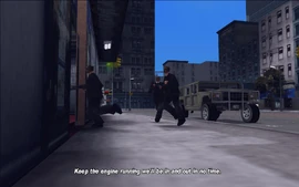 The three robbers make their way into the bank.