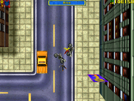 The Angels chasing the protagonist and ramming their bikes.