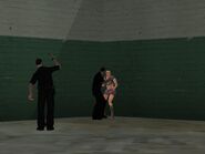 A police officer beating a random prostitute, while the other officer taunts her or cheers his partner on.