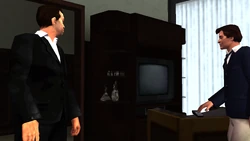 Donald turns the TV on to a news channel.