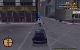 After escaping from his burning Esperanto, Tanner is about to be ran over by Claude.