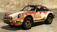 A Comet Safari with a rusty Pisswasser livery in Grand Theft Auto Online. (Rear quarter view)