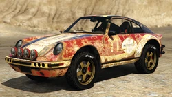 A Comet Safari with the Pißwasser Rusty livery in Grand Theft Auto Online. (Rear quarter view)