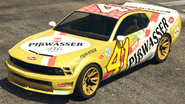 A Pisswasser Dominator bearing a Pisswasser livery in Grand Theft Auto Online. (Rear quarter view)