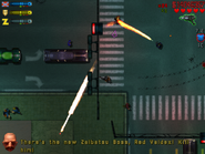 LaBrat (right) burning down Zaibatsu boss Red Valdez, who is attacking Claude using a Rocket Launcher.