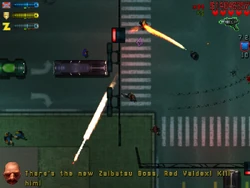 TheFinalJob-Residential-GTA2-SS4.png (544 KB) LaBrat (right) burning down Zaibatsu boss Red Valdez, who is attacking Claude using a Rocket Launcher.