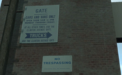 Signage referring to Clinton avenue at the Broker Navy Yard main gate.