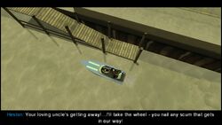 Heston and Huang find a boat in the jetty.