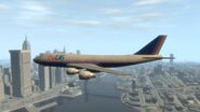 A FlyUS 747 flying over Humboldt River, leaving Liberty City in GTA IV.