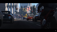 Solomun driving between traffic at an intersection as Lazlow runs across the road.