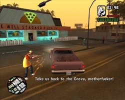 The clerk chases them outside.