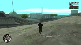 He must follow the reporter who is about to board a train at Cranberry Station.