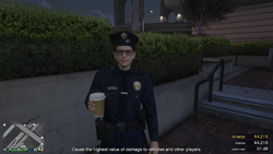 Outside Mission Row Police Station in Free Mode in GTA Online during Criminal Damage.