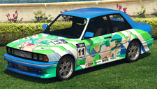 A Sentinel Classic with a 2D Relationship livery in Grand Theft Auto Online. (Rear quarter view)